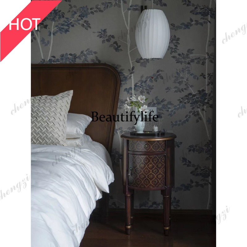 Sofas - 9344 โต๊ะข้างเตียงทรงกลมลายดอกไม้สไตล์อเมริกันเรโทรคลาสสิก พร้อมลวดลายวาดมือ