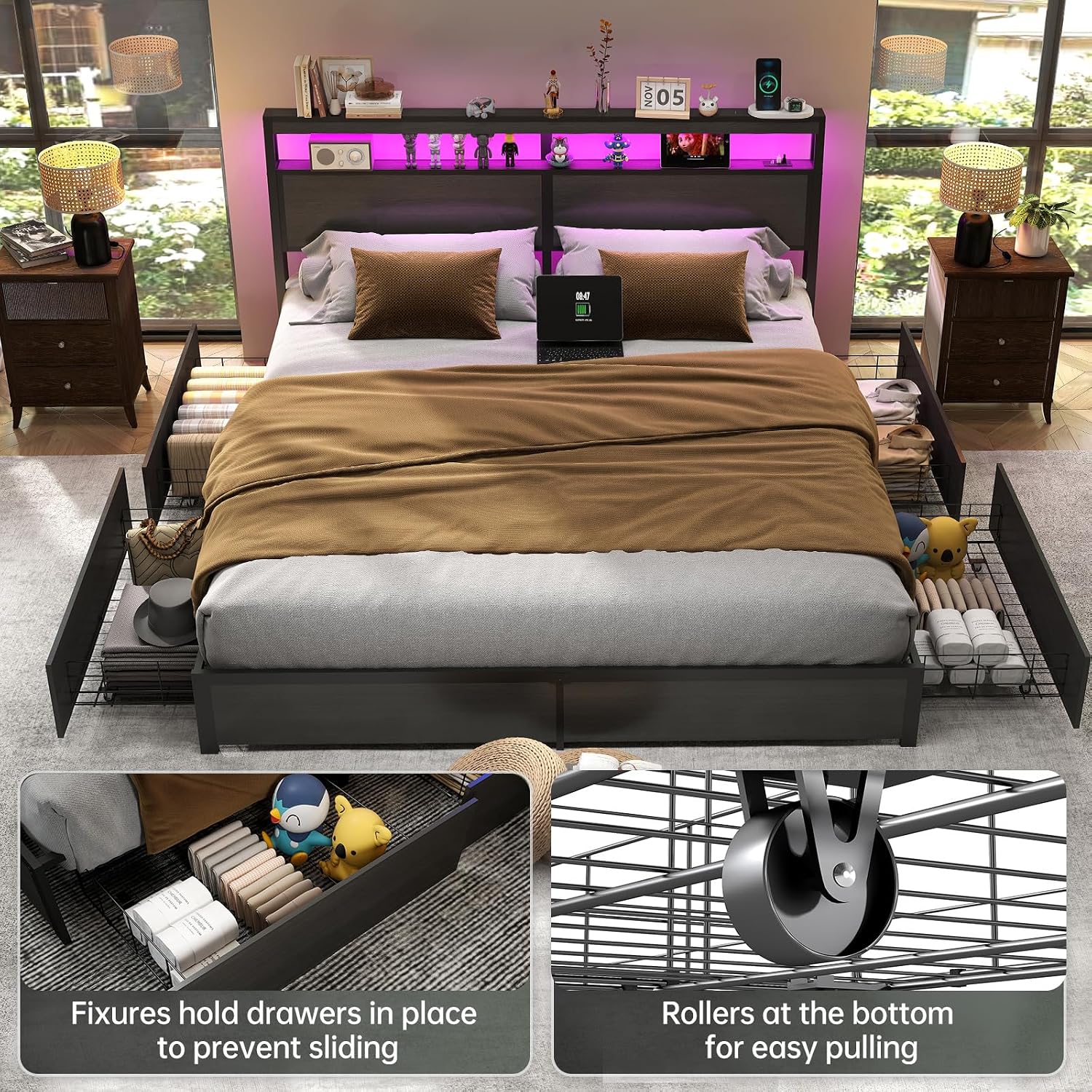King Size Bed Frame With Storage Drawers - โครงเตียงขนาดคิงไซส์พร้อมหัวเตียงมีไฟ LED และลิ้นชักเก็บของ 4 ช่อง |