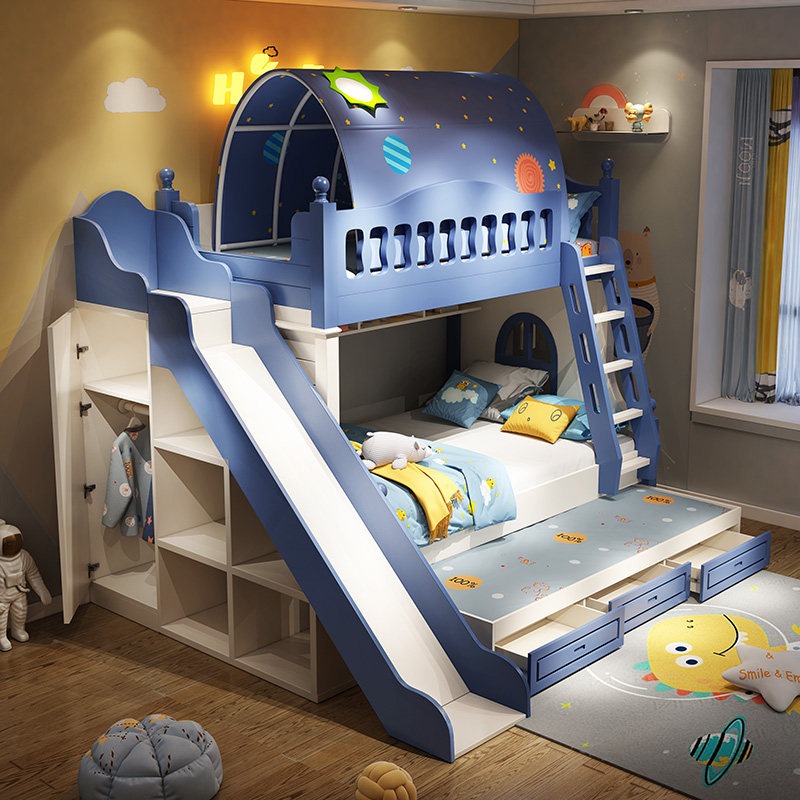 Bunk Bed With Stairs And Slide - เตียงเด็กแบบสองชั้น เตียงสูงต่ำสำหรับเด็กผู้ชาย อพาร์ทเมนต์ขนาดเล็ก เตียงสองชั้นสำหรับเด็กสองคน