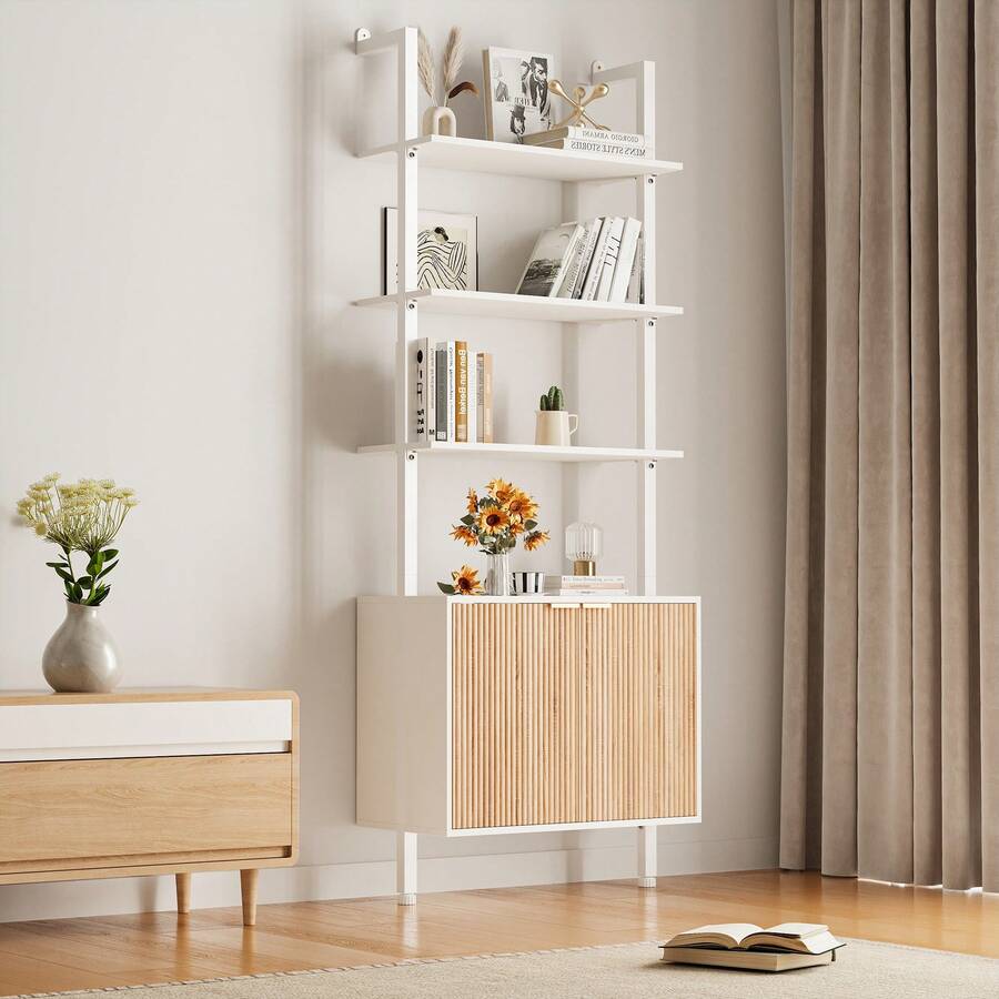 Storage - ตู้หนังสือทรงบันไดดีไซน์ทันสมัย พร้อมตู้เก็บของแบบมีร่อง ชั้นวางโชว์สูง 74 นิ้ว โครงโลหะ
