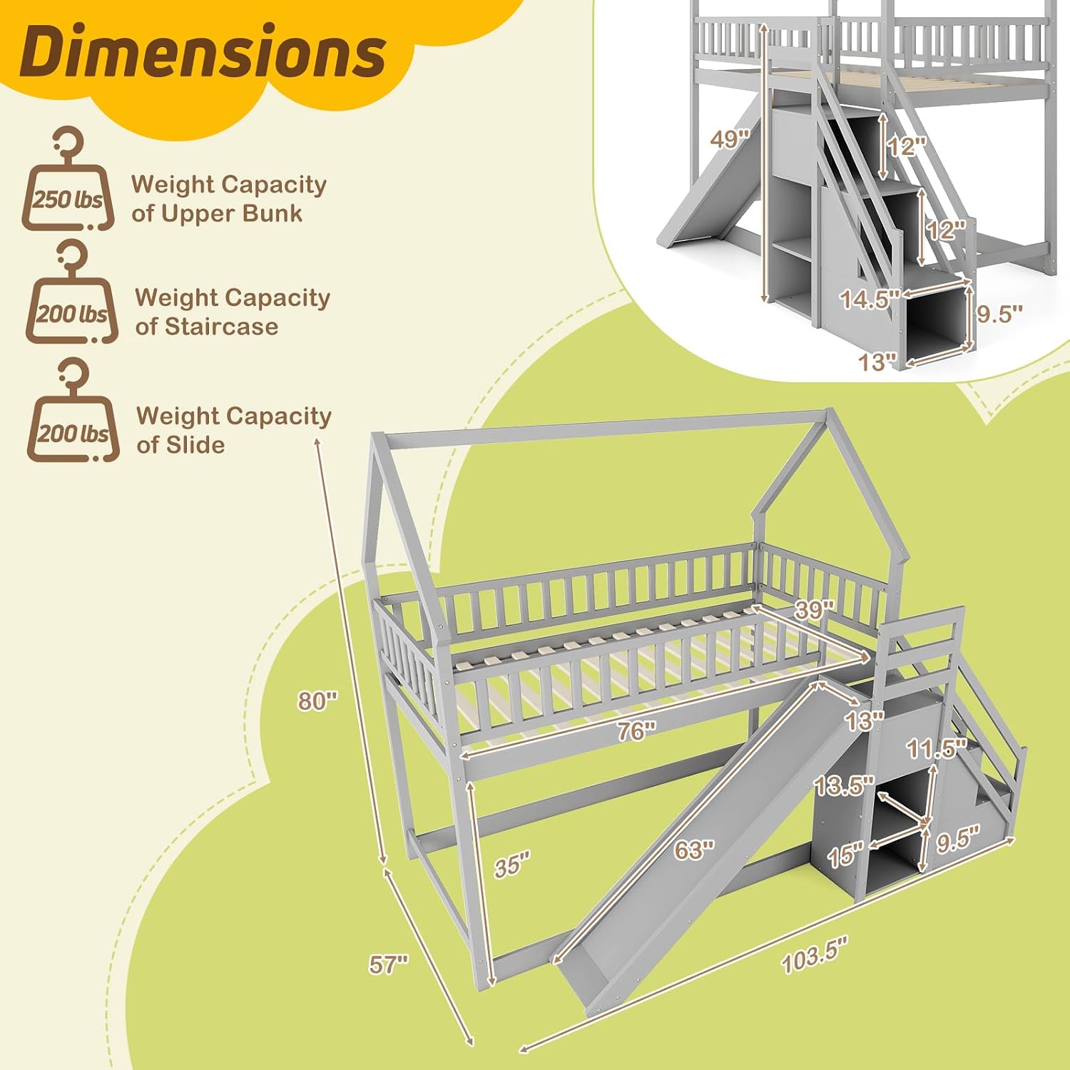 Bunk Bed With Stairs And Slide - เตียงสองชั้นแบบ Twin Over Twin พร้อมบันไดสไลด์และชั้นวางของ, เตียงพื้นไม้สำหรับเด็กและวัยรุ่น,