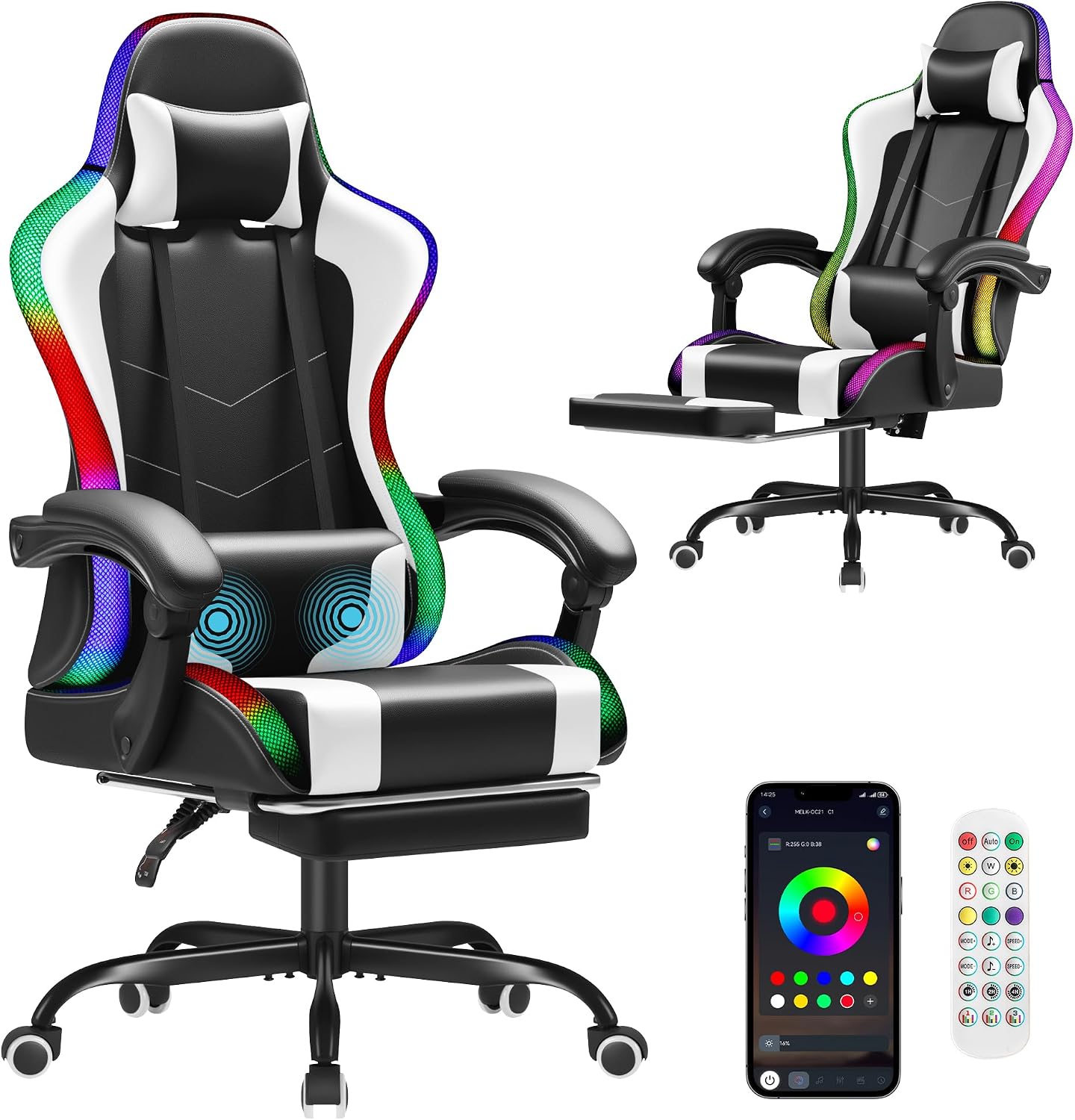 Sofas - เก้าอี้เกมมิ่ง Homall, เก้าอี้คอมพิวเตอร์ตามหลักสรีรศาสตร์, รองรับการนวดบริเวณหลังส่วนล่าง, ไฟ RGB