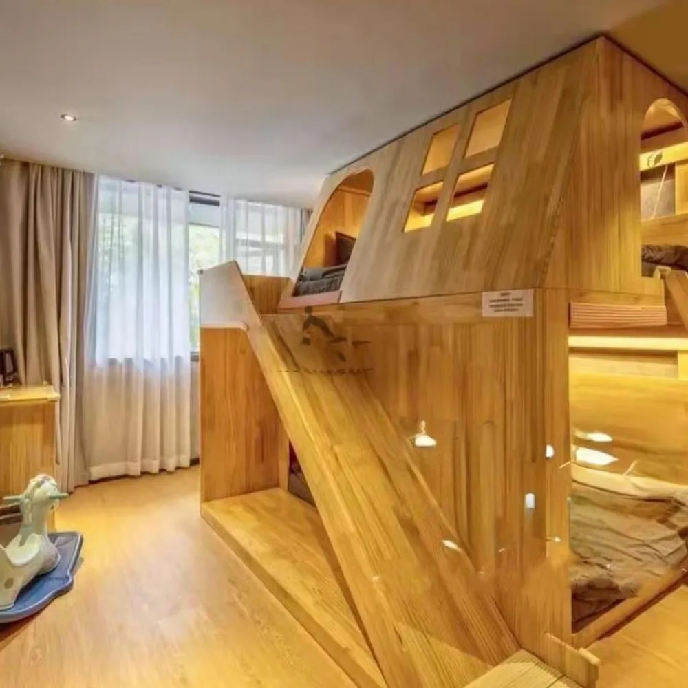 Bunk Bed With Stairs And Slide - เตียงสองชั้นทรงบ้านต้นไม้สำหรับเด็ก ทำจากไม้เนื้อแข็งแบบอเมริกัน ดีไซน์ปราสาทเจ้าหญิง พร้อมสไลเดอร์และบันได ดีไซน์ฐานลับสำหรับห้องนอน