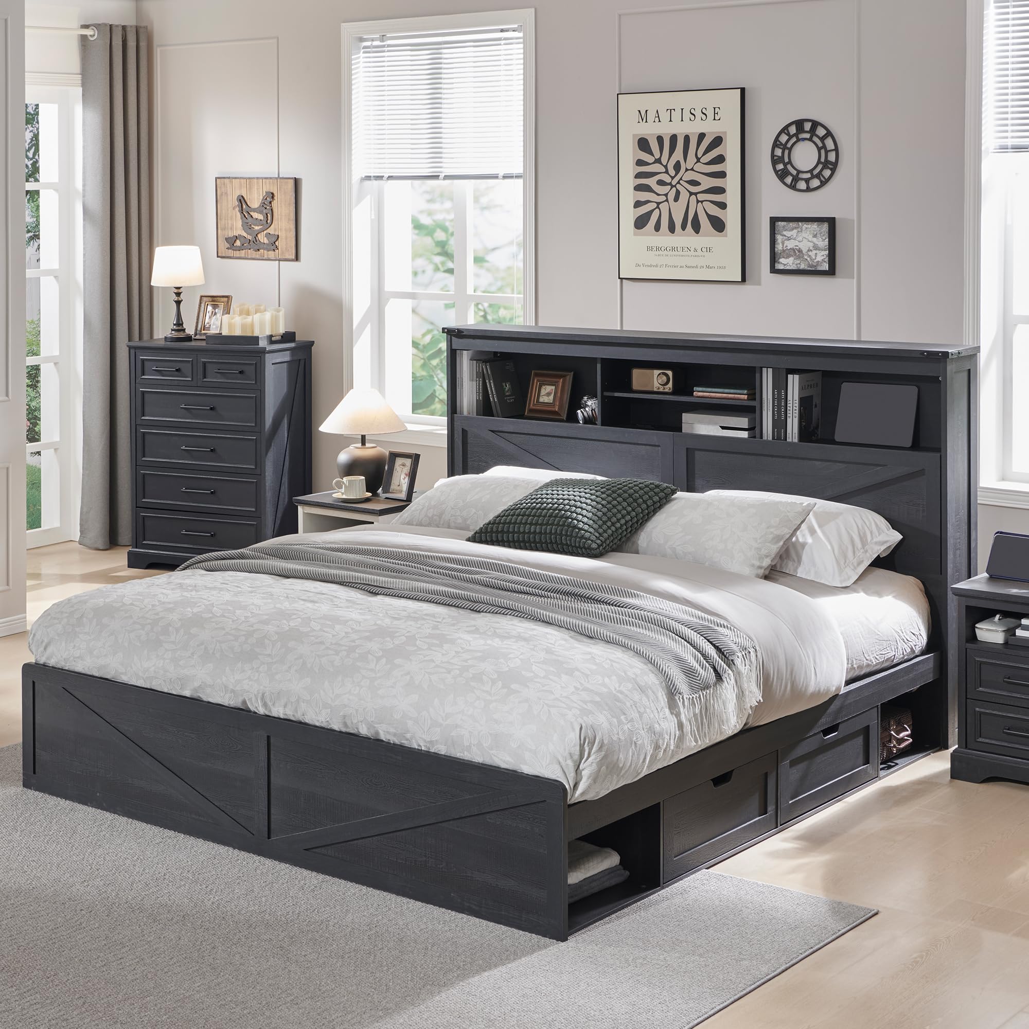 โครงเตียงขนาดคิงไซส์สไตล์ฟาร์ม - King Size Bed Frame With Storage Drawers บทวิจารณ์และราคา